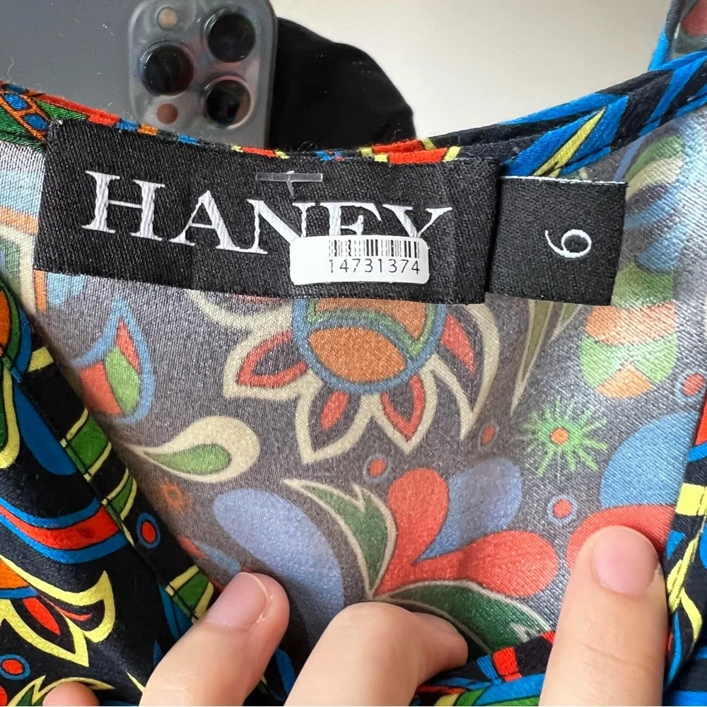 haney olivia faux wrap midi dress size 6 blue orange red yellow CL - Picture 9 of 9